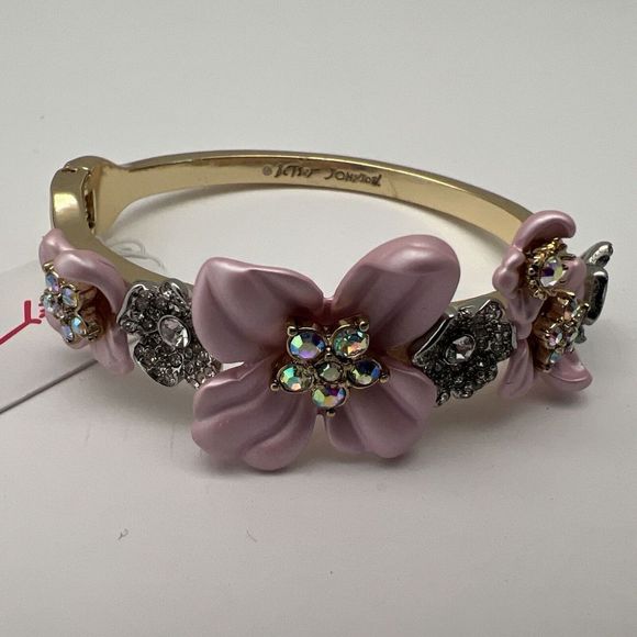 Betsy Johnson Pink Enamel AB Rhinestone Flower Hinge Bangle Bracelet - Picture 2 of 13